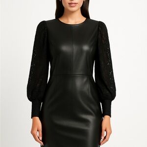 Express Black Long Sleeve Dress. Faux Leather with lace sleeves